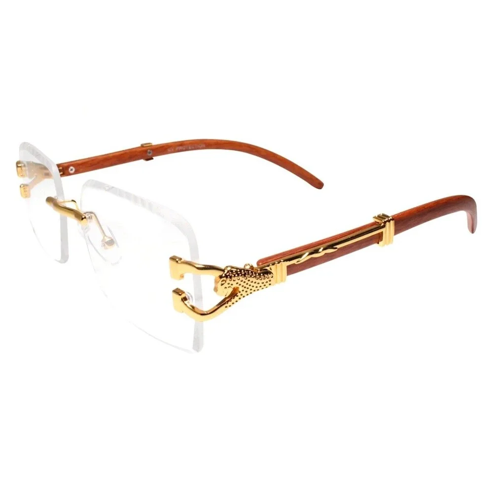 Look Rich Leopard Decor Faux Wood Gold Temple Rimless Hip Hop Clear Lens Glasses